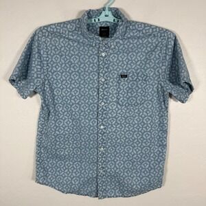 RVCA Shirt Mens Large Blue Chambray Slim Fit Button Down Floral Geometric Cotton